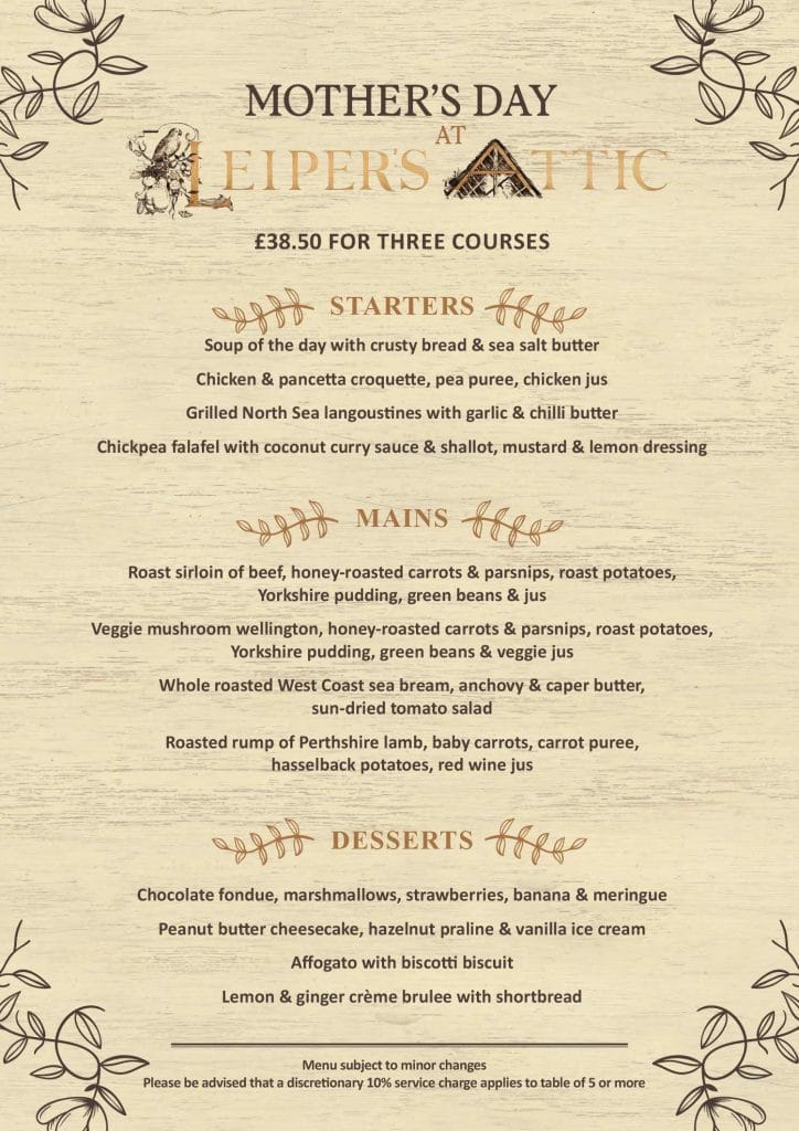 Cottiers — Menu for Mother's Day 2026 in Leiper's Attic