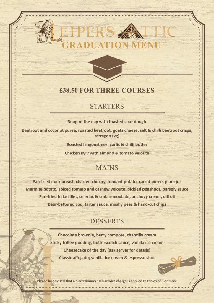 Cottiers Graduation Menu 2026 — front side